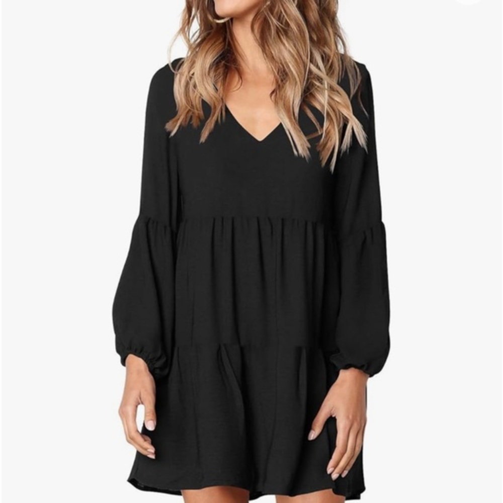 Tunic Dress Black V Neck Long Sleeve Casual Swing Ruffle Mini Dress size Medium